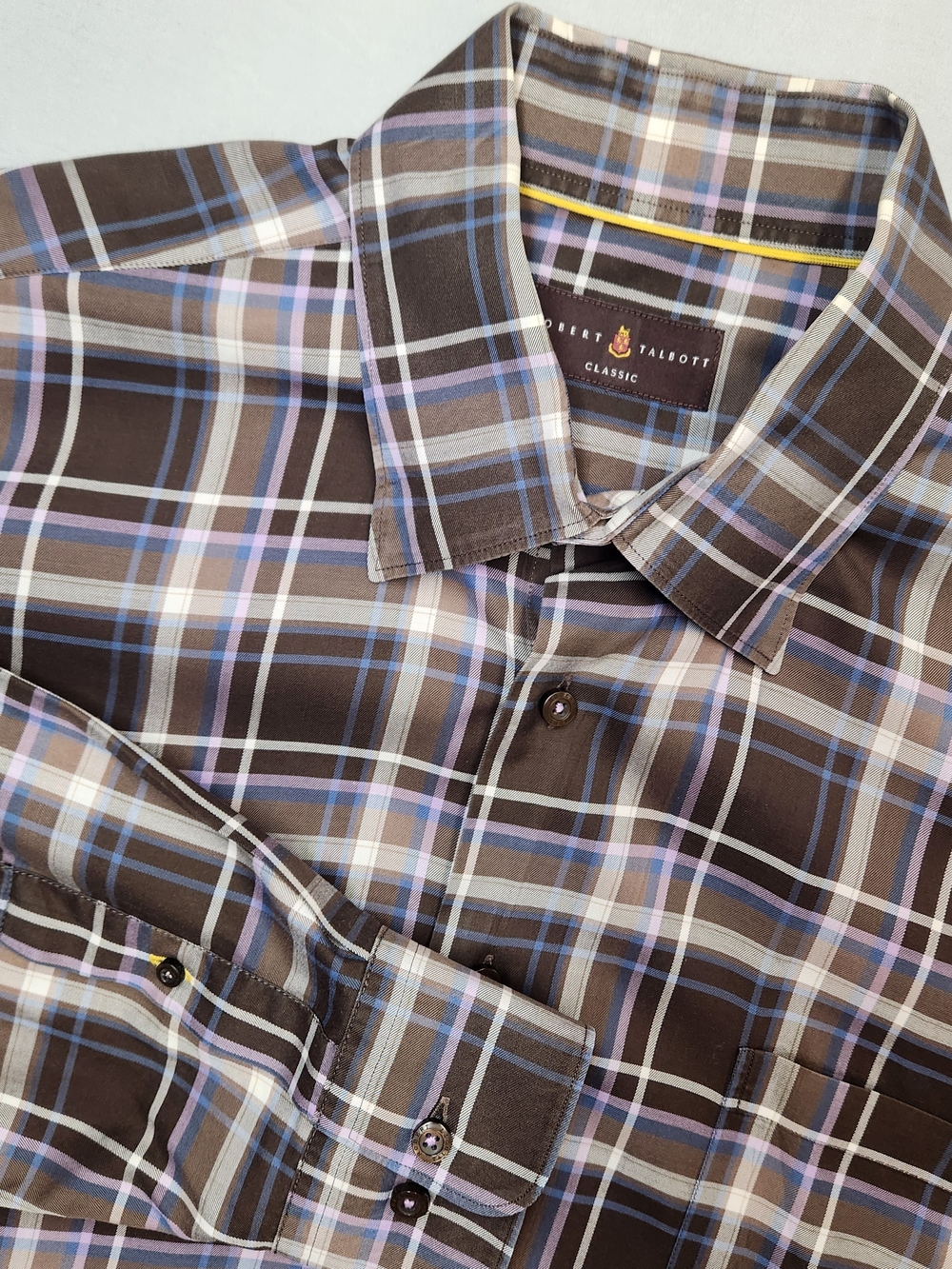 Robert Talbott Classic Plaid Dress Shirt Mens XL Brown Purple Blue Cotton LS